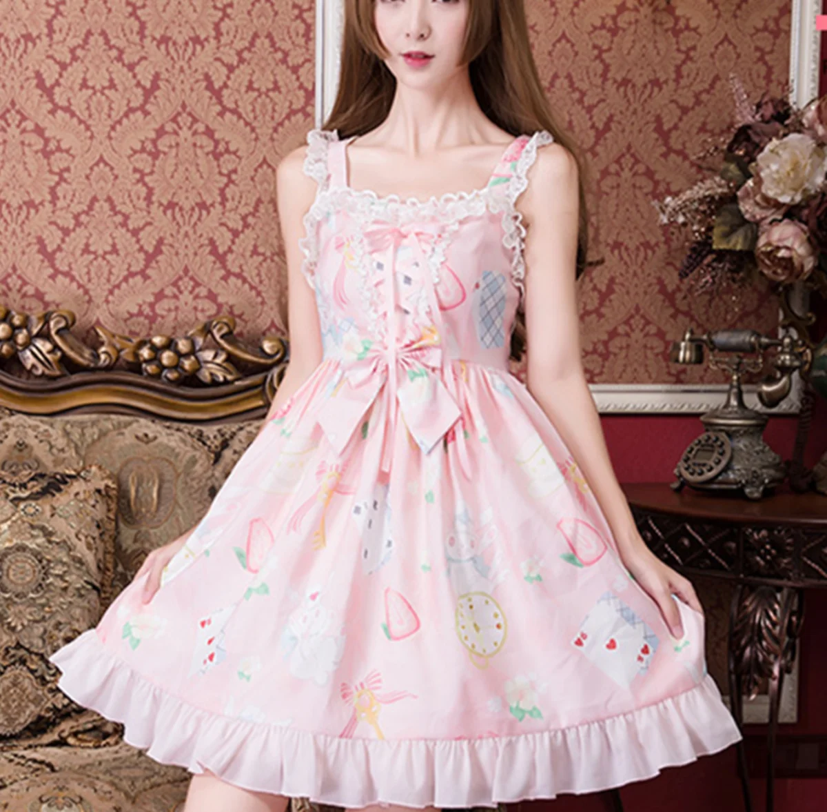 

Lolita Dress Palace Retro Lace Bowknot Printing Victorian Dress Kawaii Girl Summer Sweet Lolita Jsk Gothic Dress Loli Cos