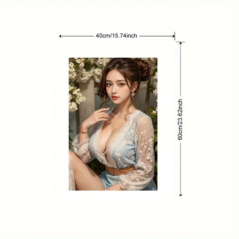 HD 금속 양철 간판, 하늘색 레이스 꽃무늬 드레스를 입은 우아한 아시아 여성, 흰색 꽃밭 풍경, 빈티지 벽 장식, 레트로 2