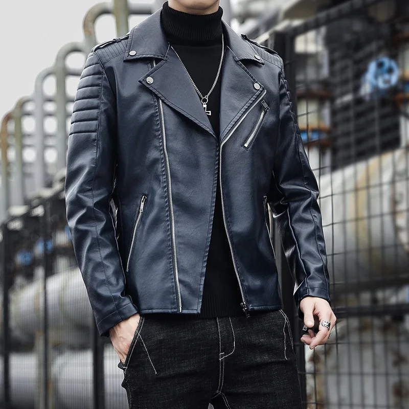 Fashion Leather Jacket Men's Autumn New Version Motorcycle Suit Male Zippers Rivet Decoration Leather Jacket Outerwear Trend