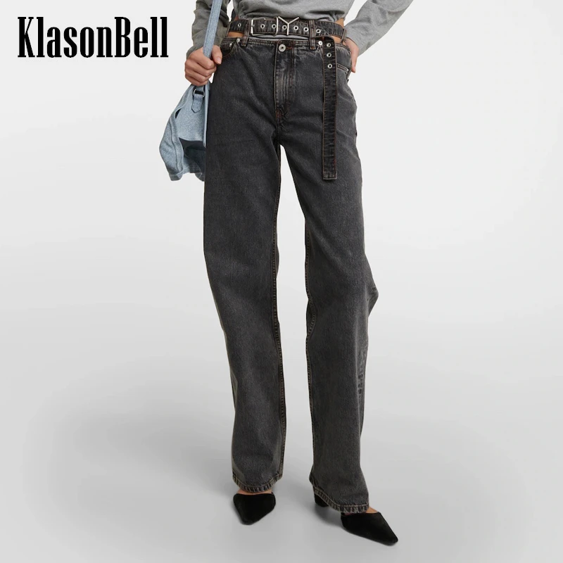 

3.5 KlasonBell Women Clothes New Versatile Metal Hollow Out Sashes Spliced Washed Straight Jeans