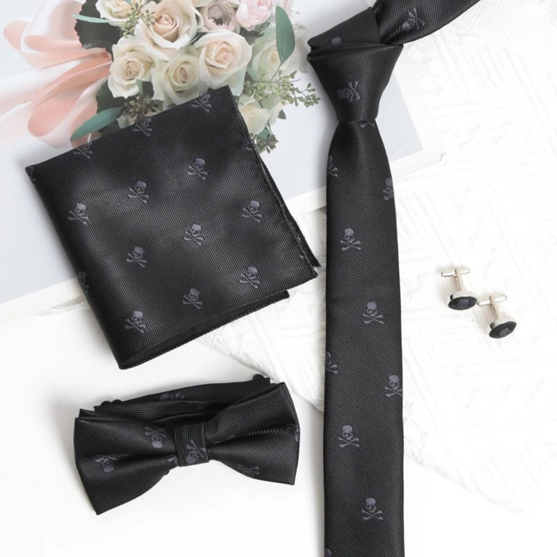 Black Slim Skull Ties for Men Women NeckTie Pocket Square Cufflinks Brooch Set Casual Party Cosplay Punk Accessories Fake Collar