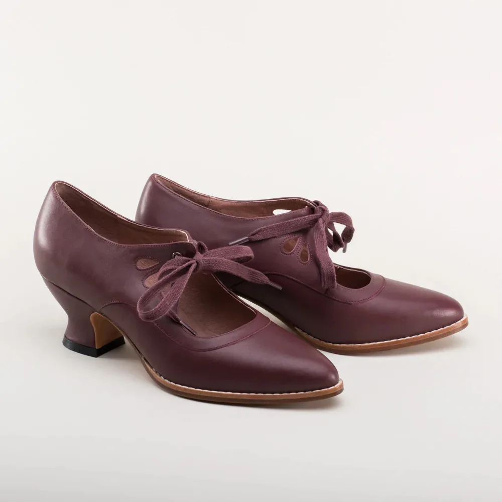 burgundy low heel dress shoes Women's Vintage Lace Up Pointed Toe Hollow Mary Jane Pumps Burgundy Lace Maxi Dresses Oléna Condition:Sample Upper material