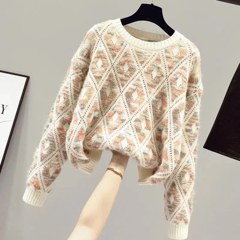 

Autumn Winter New 2023 Women's Loose Sweater Korean O-Neck Short Knitted Pullover Sweater Fashion Flower Plaid Femme Jumper