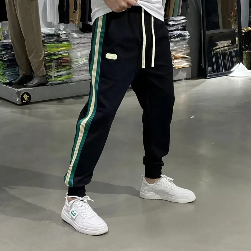 2024 Men's Autumn New American Style Elastic High Waisted Drawstring Patchwork Contrast Color Pockets Slim Straight Casual Pants
