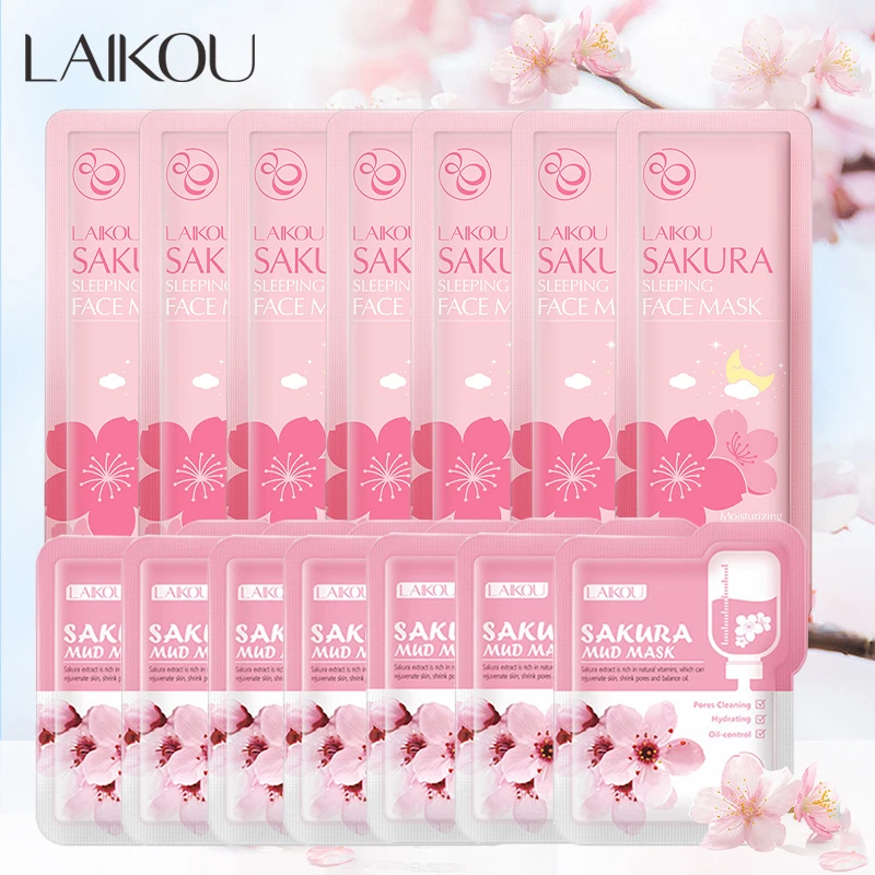 14pc Sakura Mud Face Mask + Sleeping Masks Anti Wrinkle Night Facial