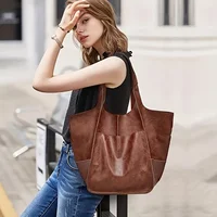 Retro Minimalist Tote Bag Large Capacity Shopping Bag Fashion PU Leather Soft Leather Shoulder Bag - Image 2