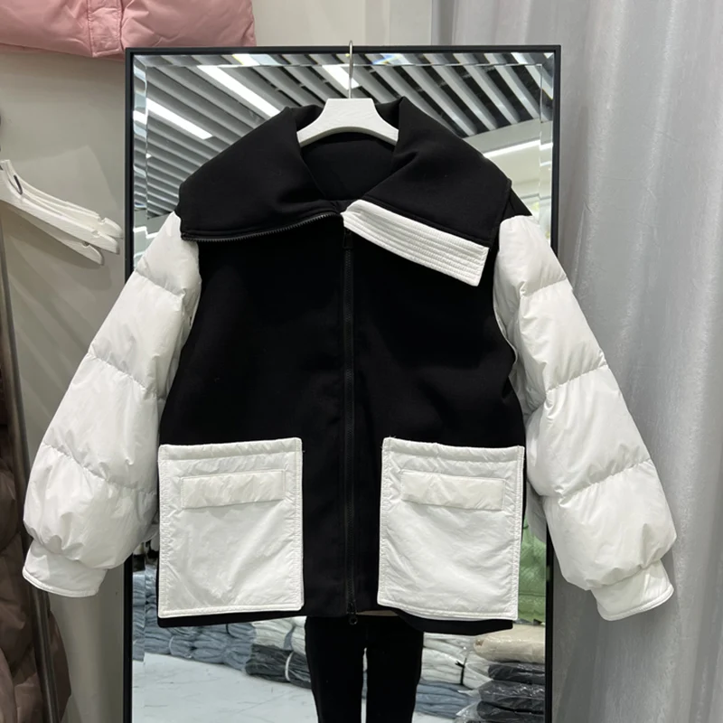 

2023 New Women Short Down Coat Women Fashion 90% White Duck Down Jacket Patchwork Female Thick Winter Casual Zipper Outerwear