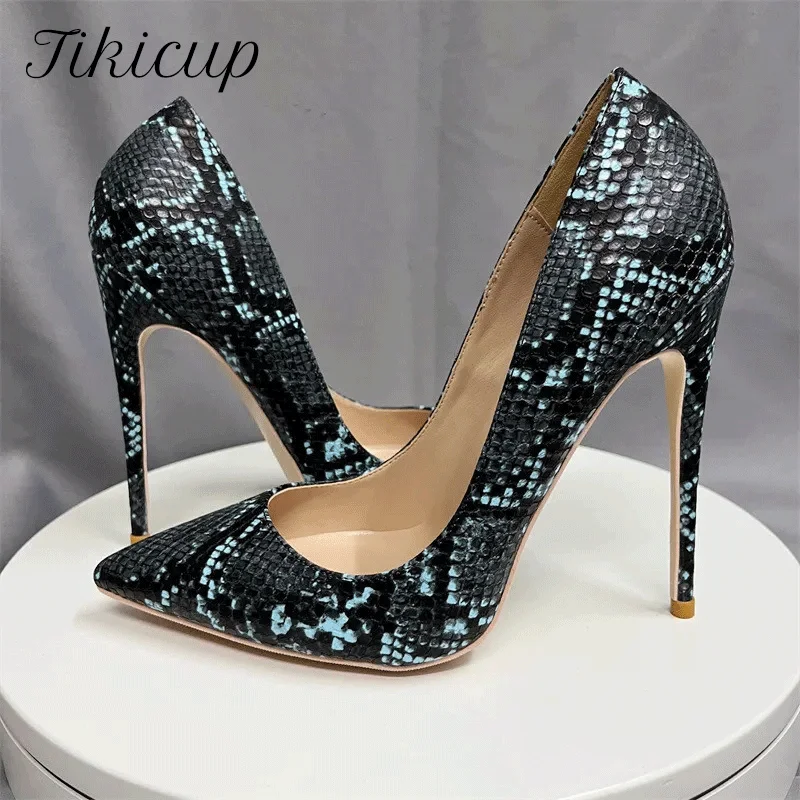 

Tikicup Black Blue Snakeskin Women Sexy Pointy Toe Slip On High Heel Shoes 8cm 10cm 12cm Comfortable Fashion Stiletto Pumps