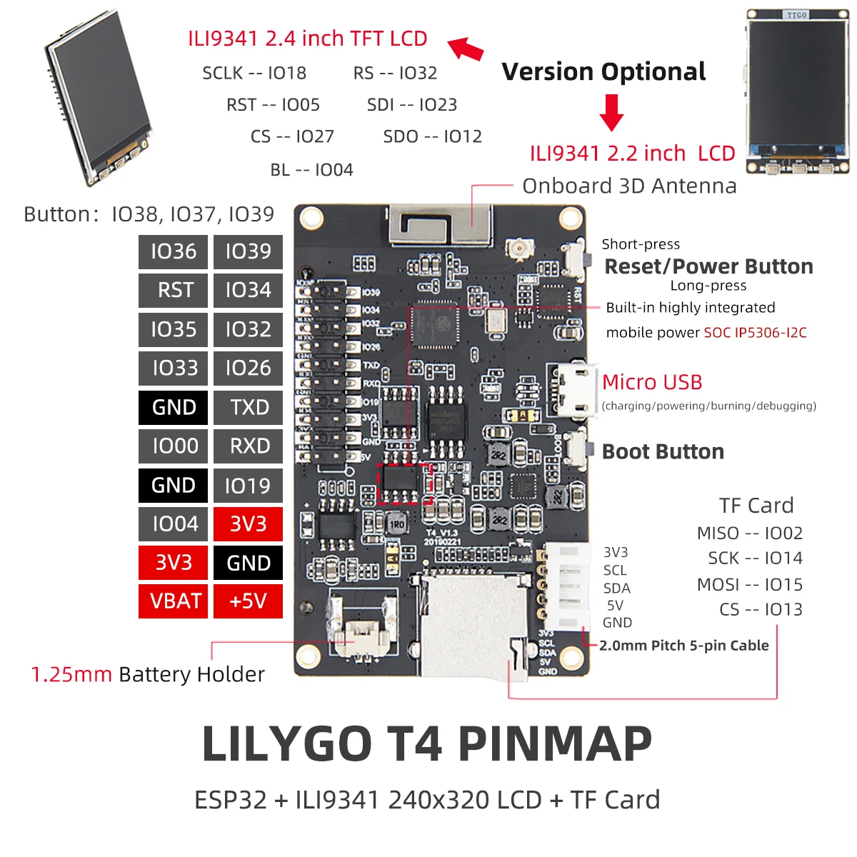 ® TTGO T4 V1.3 ESP32 Dev Board 2.2 inch 2.4" TFT Display Optional Arduino IoT Mo