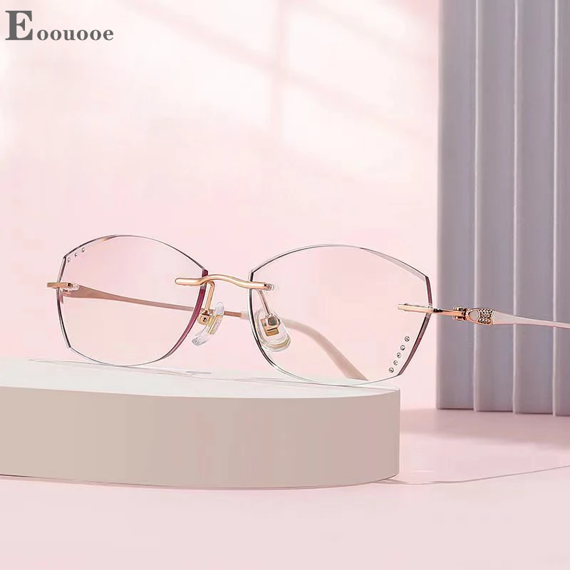 

Titanium Women Rimless Diamond Pink Colored Glasses Eyewear Opticos Prescription Anti-Reflection Anti Blue Light Lenses Gafas