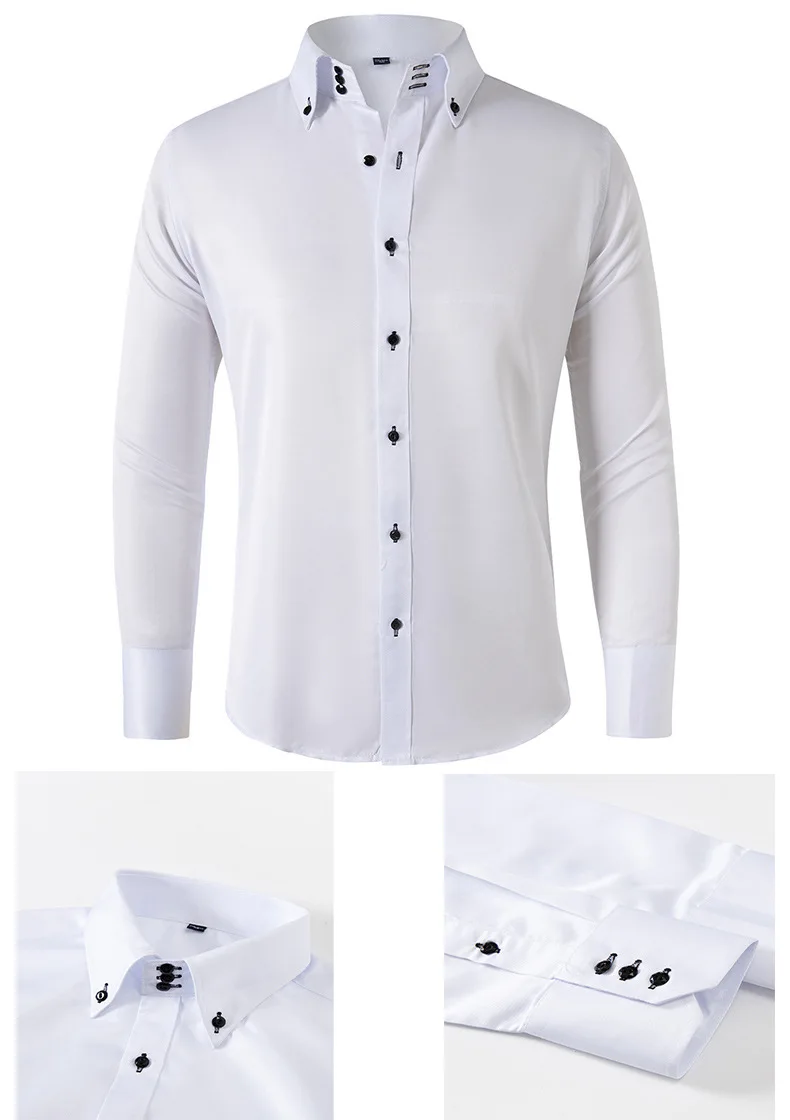 Solid color shirt men's crystal button long sleeved pointed collar light luxury men's business casual men's wear