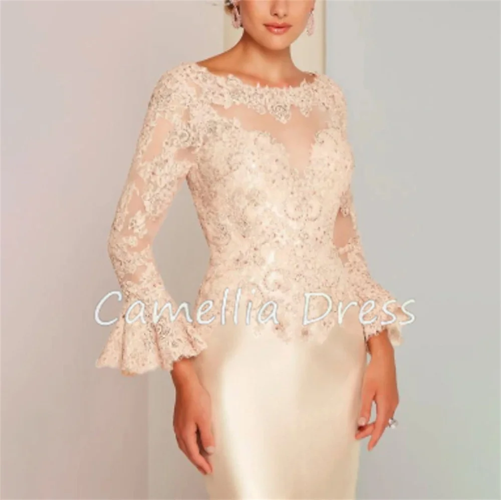 

Elegant Jewel Neck Mother Of The Bride Dress Sheath Satin Lace Formal Dresses Beading Appliques Vestidos Mae Da Noiva Casamentos