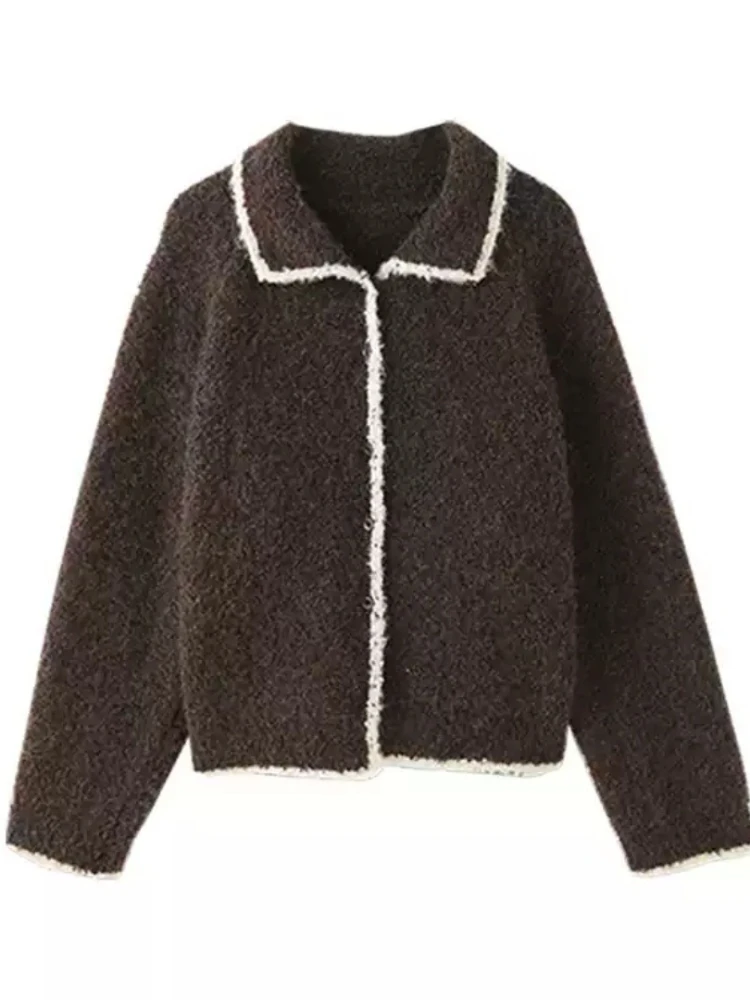 الكورية رمادي سترة مشغولة من الصوف المرأة الخريف الشتاء التلبيب كتلة اللون سترة Vintage كم طويل واحدة الصدر الملابس النسائية 5