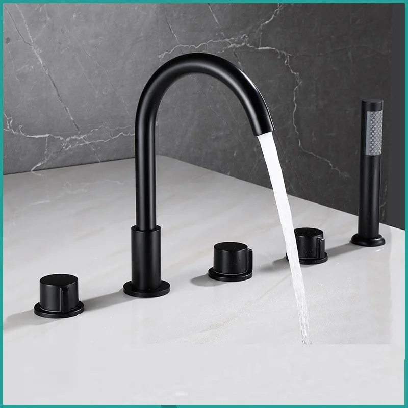 Brass Gold Bathtub Faucet Black Hot and Cold Mixer Tap Bathroom 5 Hole Faucet With Hand Shower 2