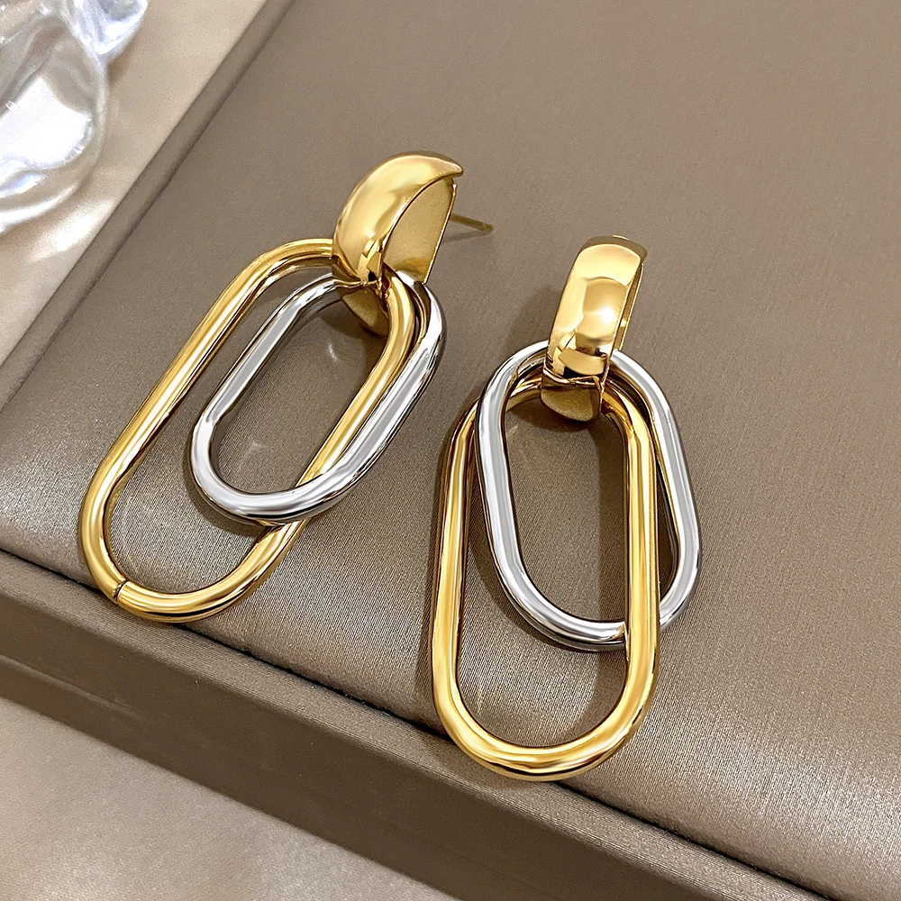 Fashion Stainless Steel Gold Silver Color Drop Earrings for Women Glossy Doublelayer U Shaped Pendant Earrings Jewelry Gifts