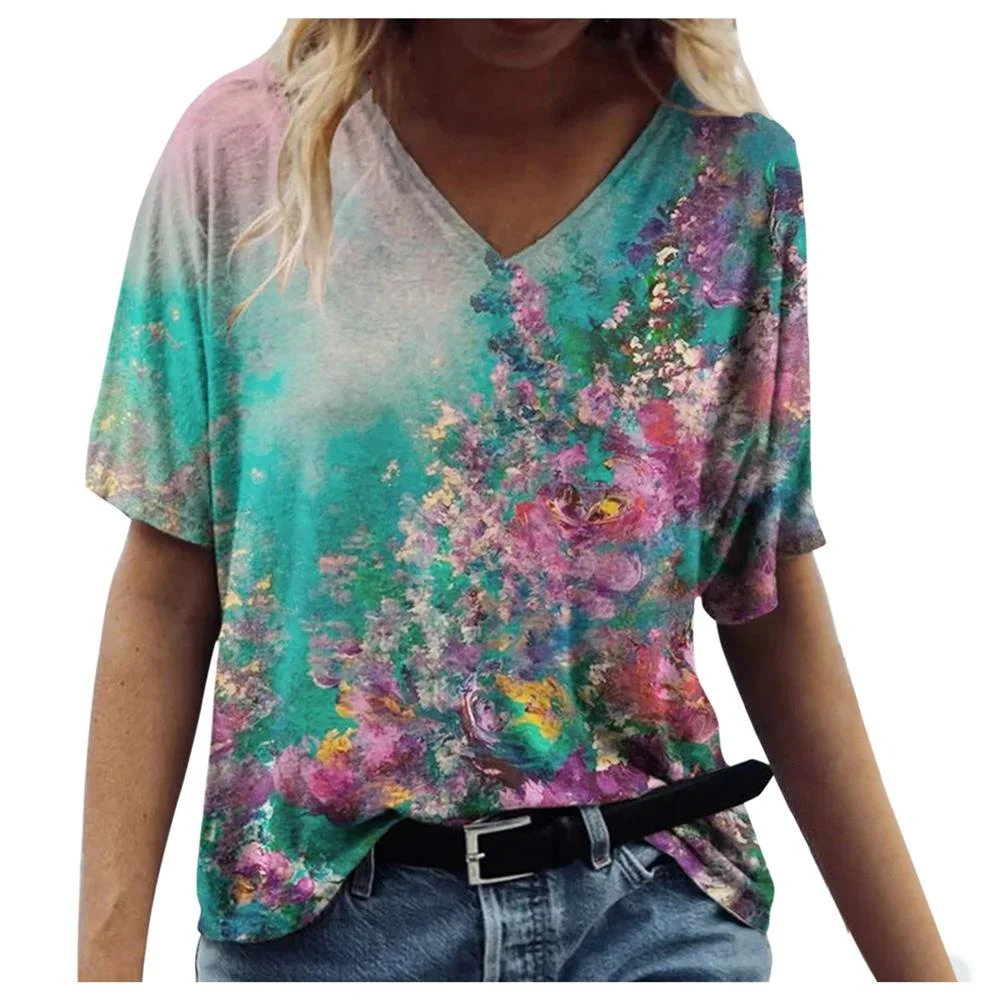 Summer Women’s V-Neck Floral Graphic Tee | Oversized T-Shirt