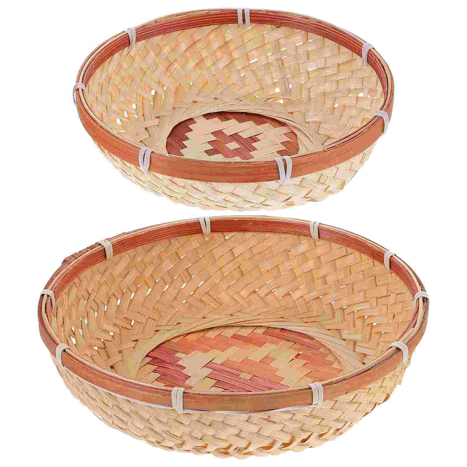 

2pcs Handmade Woven Basket Fruit Serving Basket Rustic Round Tray Basket for Fruit Bread Dessert