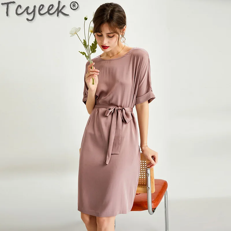 

Tcyeek 90.1% Mulberry Silk Dresses Ladies High-end 19MM Real Silk Dress Summer Midi Dress Elegant Dresses for Women 2024 Lace-up