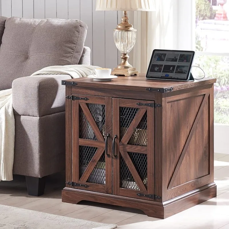 

Farmhouse End Table, 24" Large Sofa Side Table with Charging Station, Mesh Barn Door, and Adjustable Storage Shelf