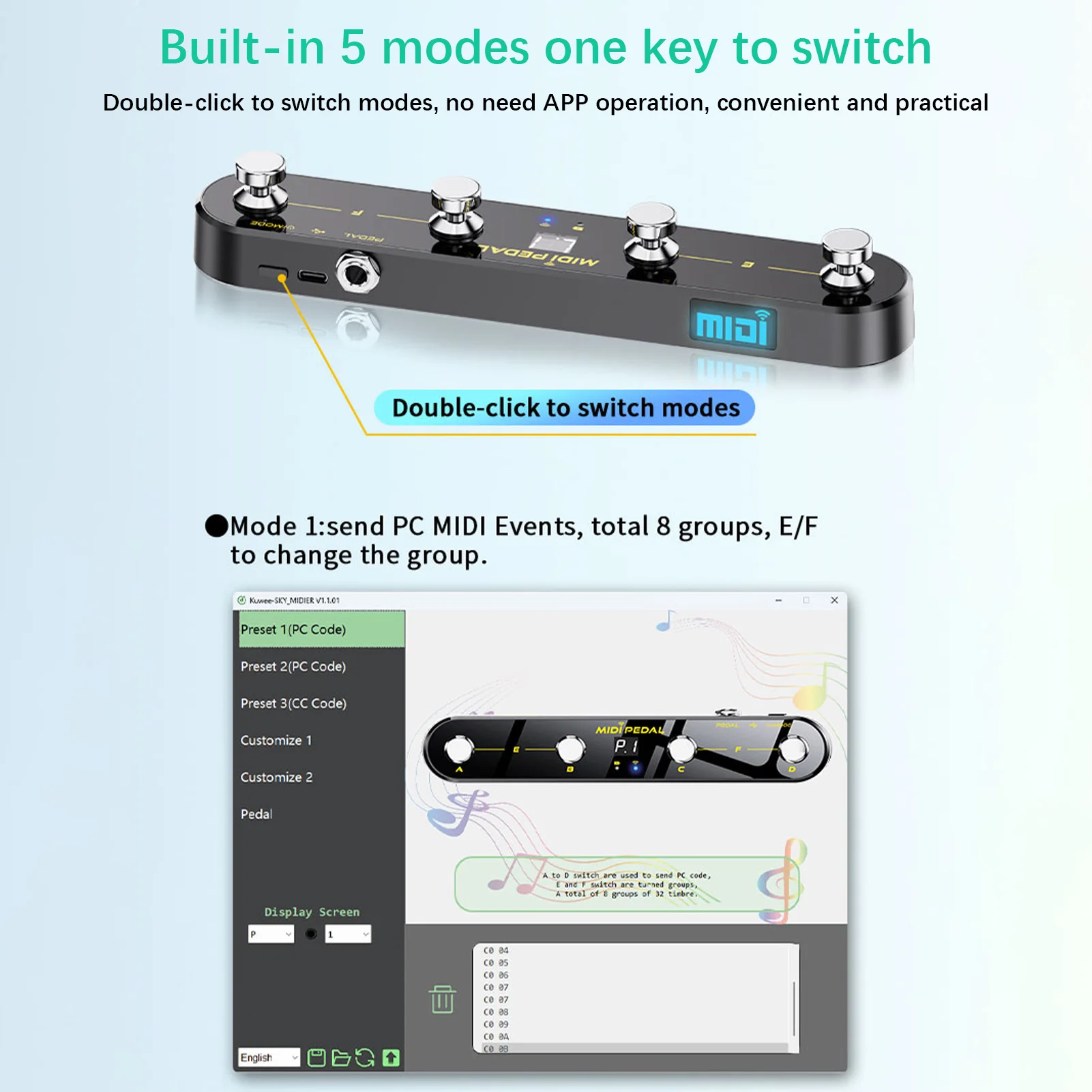 Wireless MIDI Controller Pedal 5 Modes Digital Display 25Hrs USB Footswitch Metal Switch Wireless Receiver for Mixer Electric
