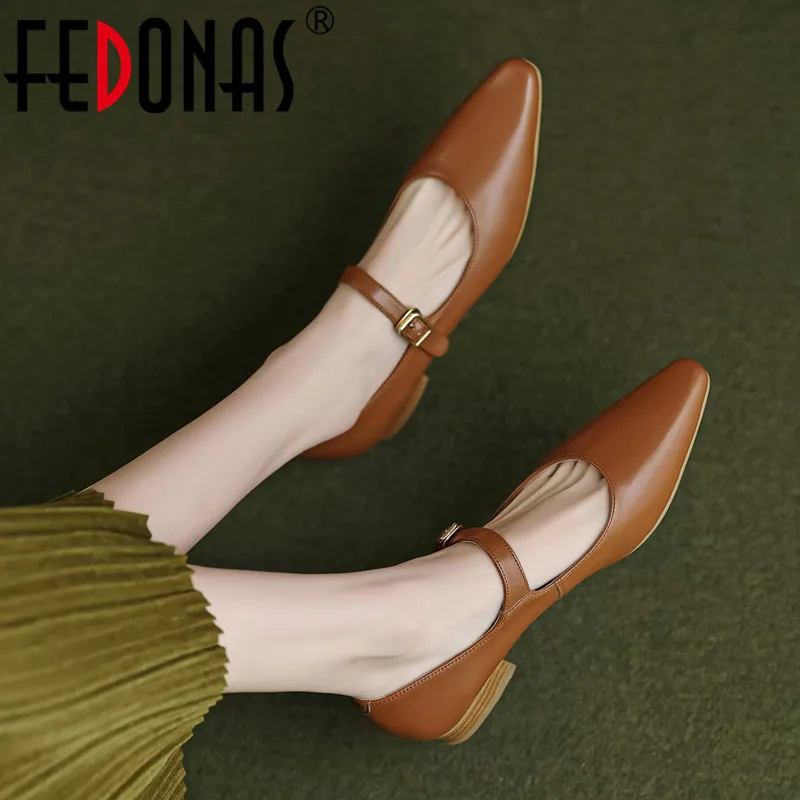 

FEDONAS 2023 Spring Summer Women Pumps Buckle Strap Working Office Shoes Woman Low Heels Genuine Leather Ladies Basic Casual New