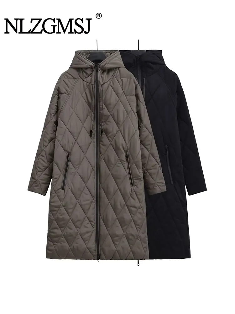 

Nlzgmsj TRAF 2023 Winter Women Loose Rhombic Lattice Hooded Zip Long Cotton Jacket Female Thickened Warm Parka Coat Outwear