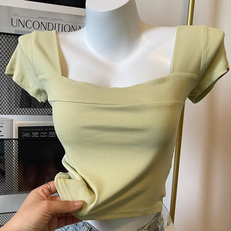 

BEENLE Green Square Neck Positive Shoulder Short Sleeve T-shirt Female Waist Slimming 2023 Summer New Korean Short Style Top