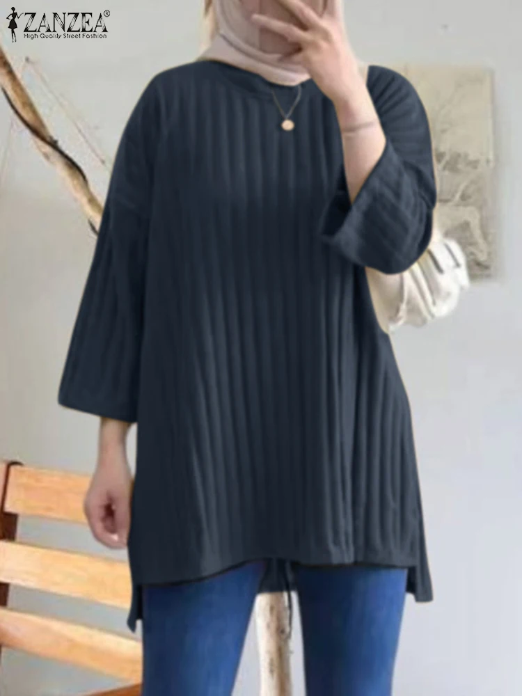 

Autumn Muslim Blouse ZANZEA Women Elegant Long Sleeve Tops Casual Loose Kintted Shirt Abaya IsIam Clothing O Neck Blusas Femme