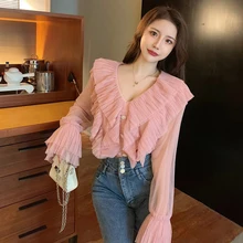 

Fashion Chiffon Ruffles Women Tops 2022 Sexy V Neck Spring Petal Flare Long Sleeve Casual Shirt Solid Office Pleated Blouses New
