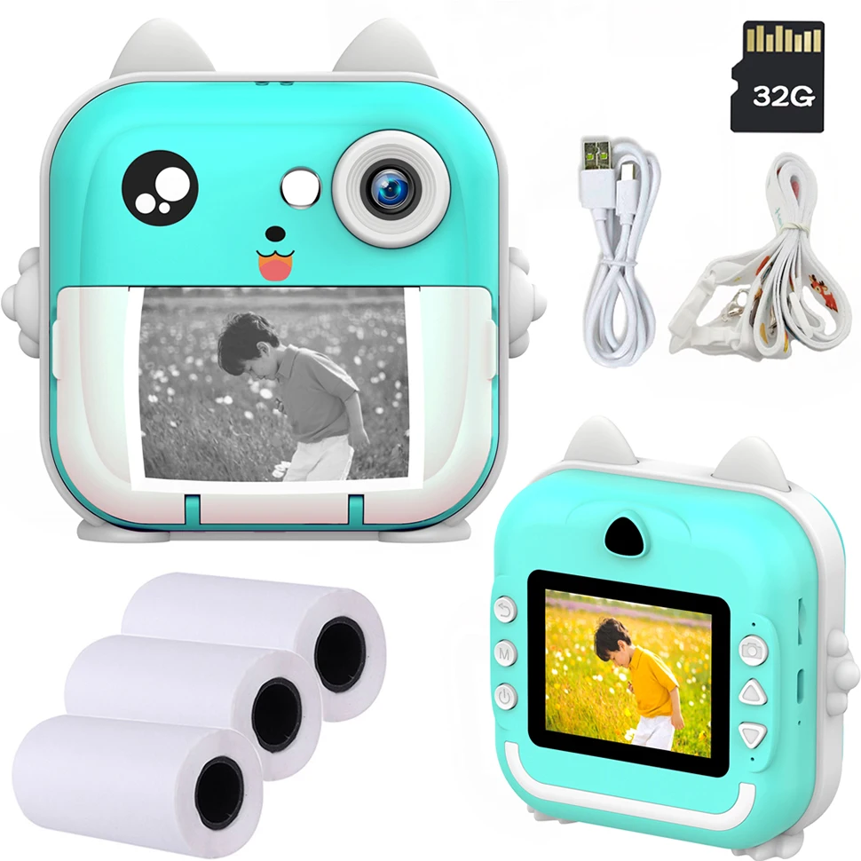 Kids Camera Instant Print Photo Mini Digital Video Camera for Kids with Zero Ink Print Paper 32G TF Card Educational Toys Gift