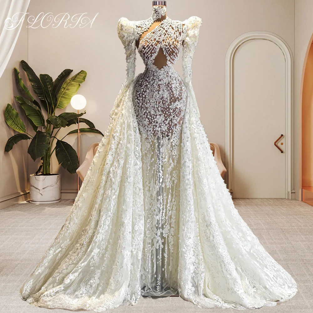 

Vestido De Noiva Elegant Pearls Lace Mermaid Wedding Dress 2023 Dubai High Neck Overskirt Illusion Bridal Gown African Woman