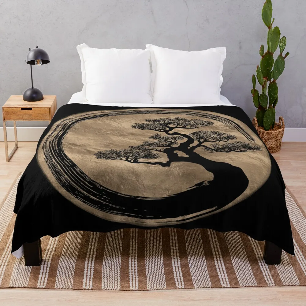 

Enso Zen Circle and Bonsai Tree Gold Throw Blanket Bed covers blankets ands Nap Blankets