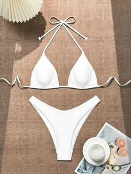 2025 Bikini bianco da donna imbottito sul petto Nuovo bikini sexy con scollo all'americana Set in due pezzi con cinghie con coulisse Costume da bagno brasiliano solido 1