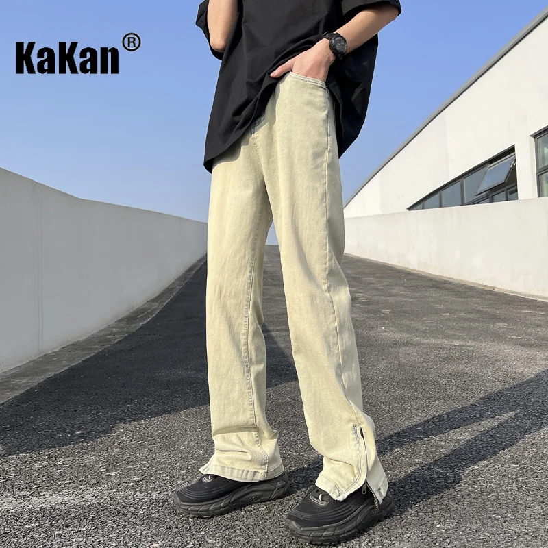 Kakan Side Zipper Split Washed Yellow Mud Dyed Jeans, High Street  Brand Long Jeans K24-ASN720