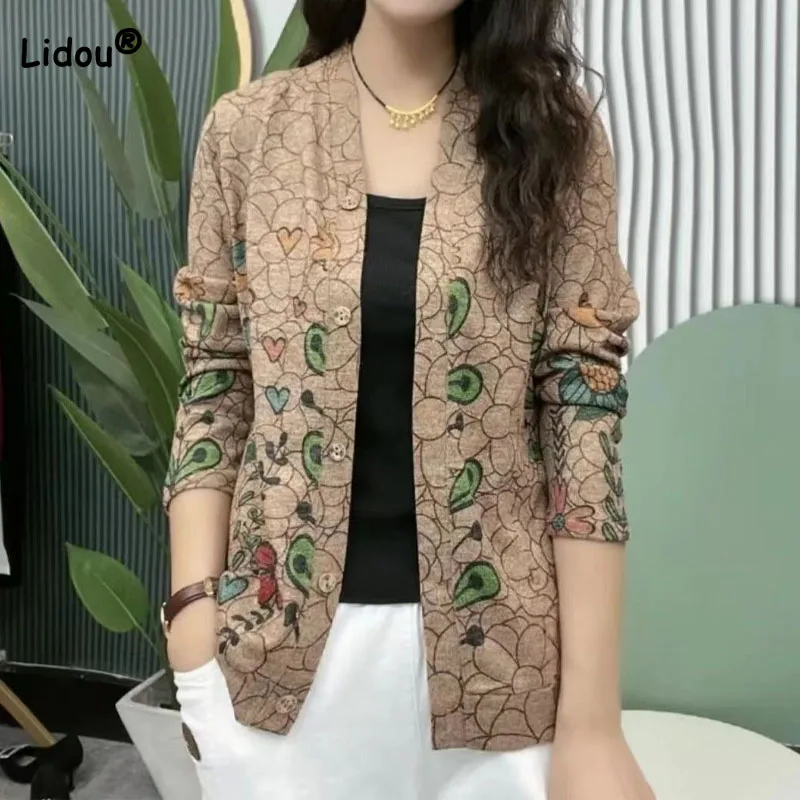 

Women's Commute Casual Printed Button Cardigan Tops 2023 Spring Autumn Fashion Vintage Long Sleeve Knitted Coat Female Clothing