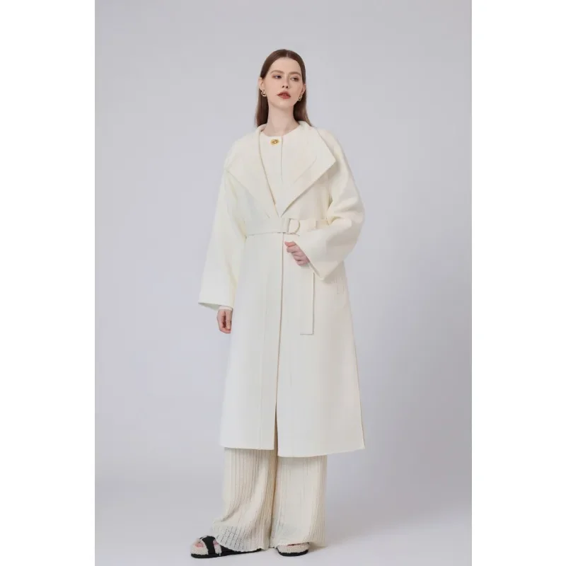 

Cashmere Female Winter Long White Coat With Belt Long Sleeve New Top Quality 2023 Woman Elegant Blends