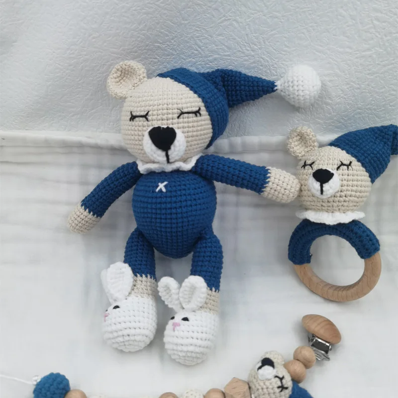 1 Set DIY Crochet Bear Baby Teether Newborn Bunny Rattle Toy Wooden Molar Teething Ring Pacifier Clips Chain Set Baby Stuff 5