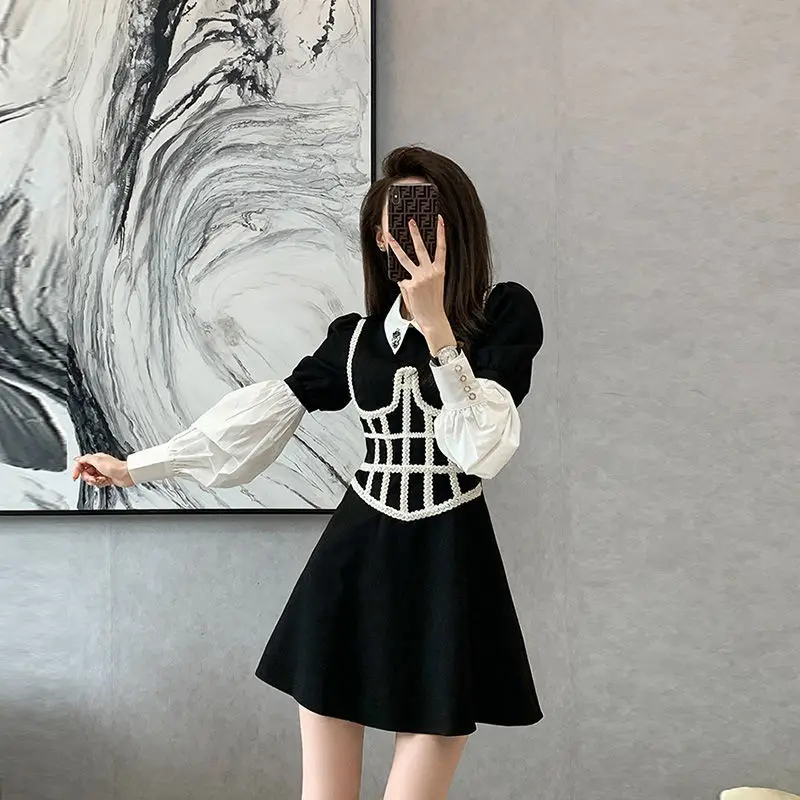 

Vintage High-end Chic Stitching Fake Two A-line Dresses for Women's Autumn Dress New French Luxury Fashionable Dress