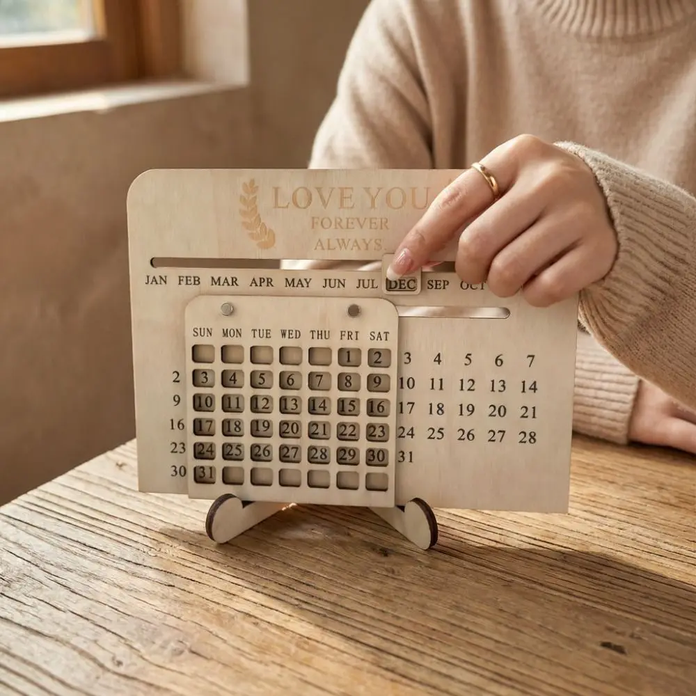 수제 나무 슬라이딩 달력, 슬라이딩 날짜가 있는 데스크탑 탁상 달력, DIY 교육용 장난감, 영구 달력
