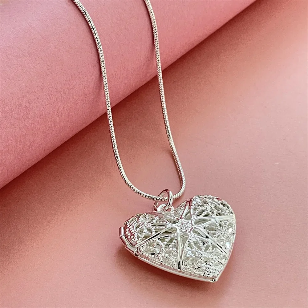 925 Sterling Silver Necklace Heart Shape Cross Photo Frame Pendant for Gift Women