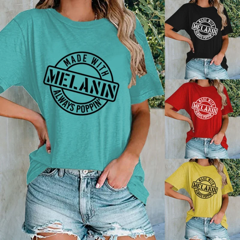 

Loose casual short-sleeved tops women's letter print MADEWITHMELANIN pattern round neck women's T-shirt