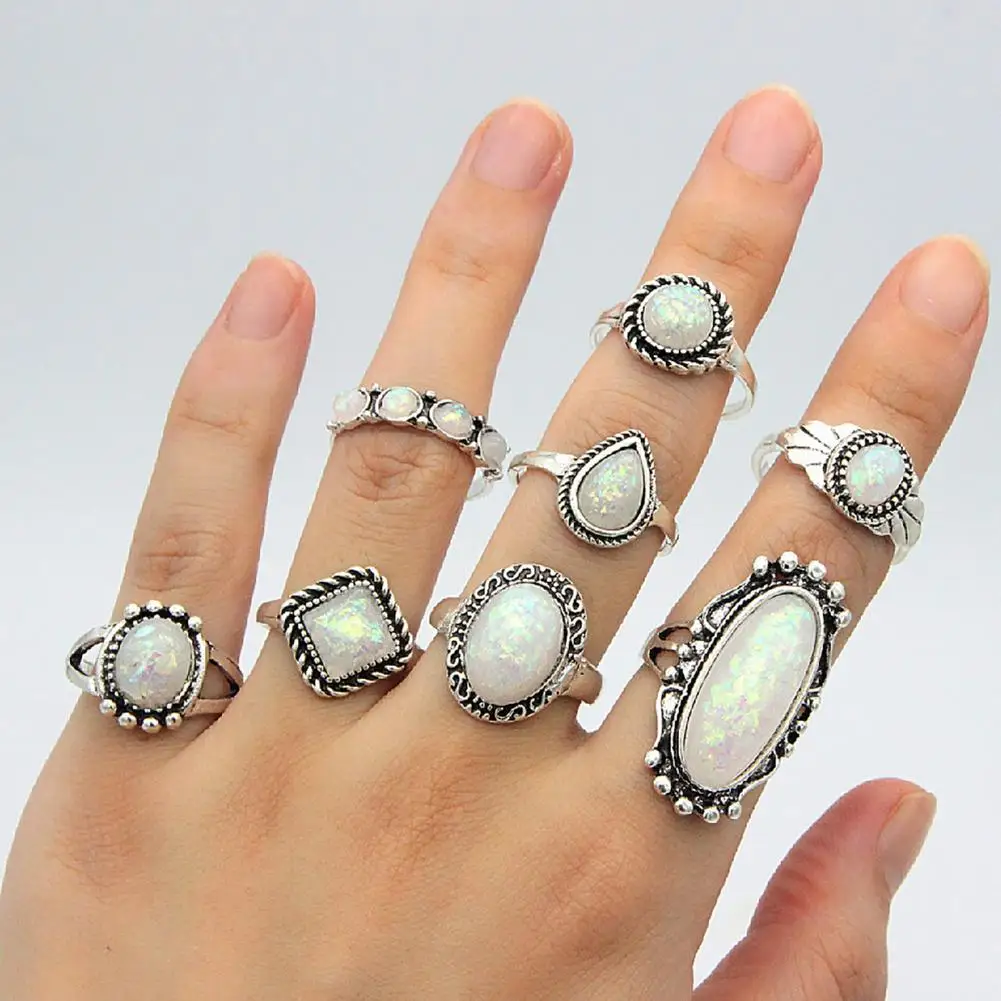 Lightweight 8Pcs/Set Chic Ethnic Style Faux Gem Finger Rings Alloy Midi Rings Oval for Outdoor