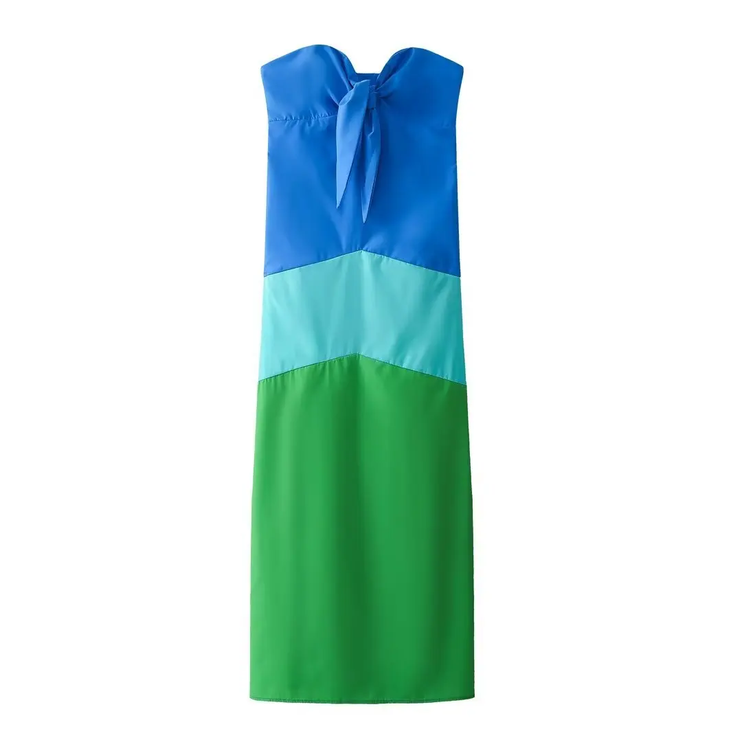 

TRAF Women Fashion Strapless Bowknot Color Matching Striped Slim Midi Dress Female Chic Chest Wrapped Party Vestidos