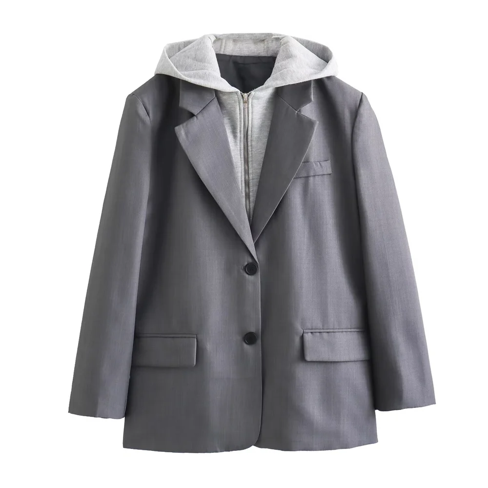 UNIZERA women's fake two-piece hooded jacket, casual lapel, loose fit jacket, spliced suit, spring autumn winter, new style 2