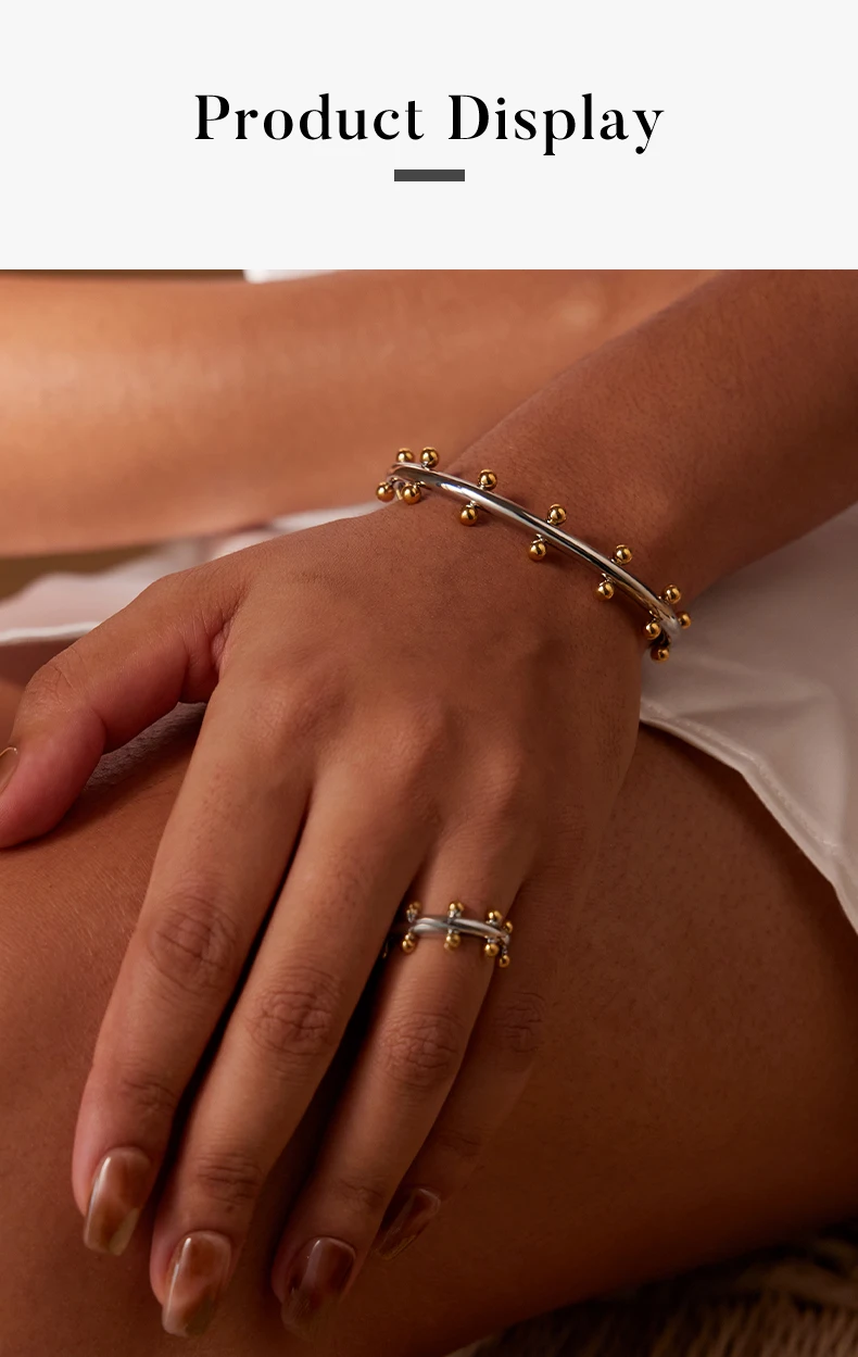 18K Gold Plated Row Ball Bangle – Elegant Gold Cuff Bracelet with Metal Beads for Women