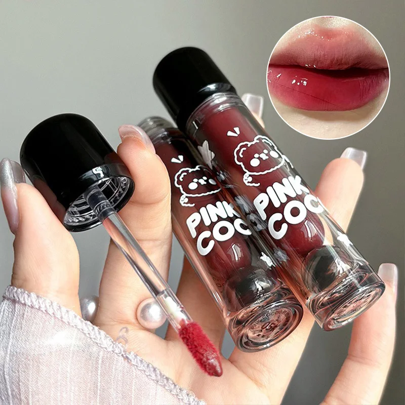 PINKCOCO Bear Doodle Mirror Lip Glaze — Long-Lasting Shiny Lip Gloss, Student-Friendly, Skin-Brightening Nude Lipstick 5