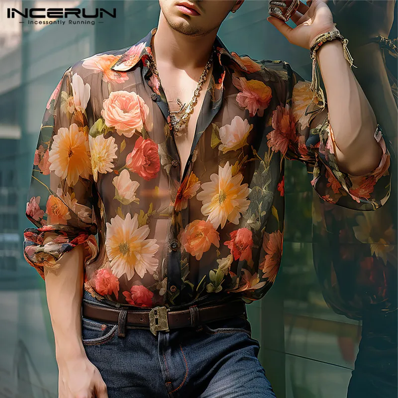 

2024 Men Shirt Floral Printing Lapel Long Sleeve Chiffon Men Clothing Loose Streetwear Transparent Fashion Camisas S-5XL INCERUN