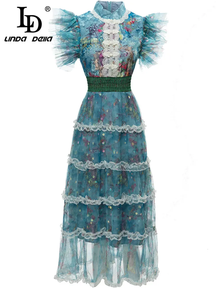 

LD LINDA DELLA New 2023 Runway Summer Fashion Women Vintage Elegant Midi Dress Elastic Waist Mesh Lace Cascading Ruffle Dresses