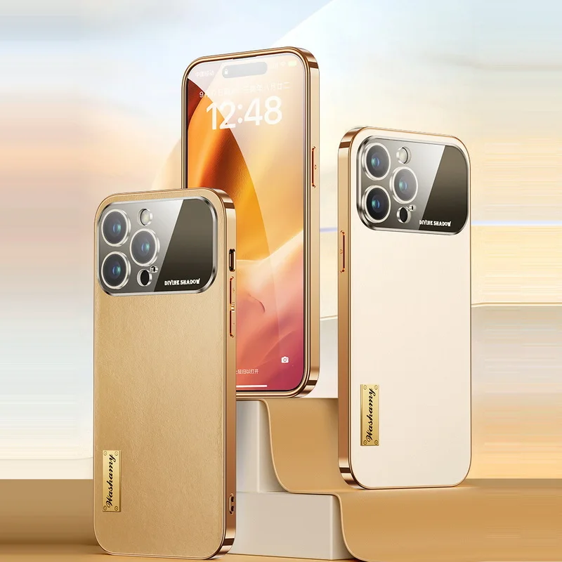 

For iPhone 14 13 Pro Max Acrylic Large Window Lens Protect Phone Case Luxury Shockproof Plating PC Frame Leather Thin Back Cover