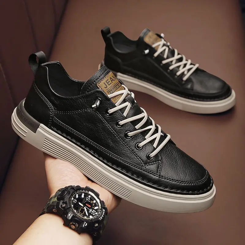 

Autumn New Men's Leather Casual Shoes Outdoor Leisure Soft Sole Non-slip Sneakers Fashion Elastic Band Lace-up Flats Board Shoes